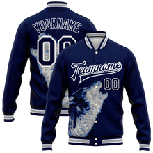Laden Sie das Bild in den Galerie-Viewer, Custom Navy White-Gray Wolf Howling 3D Pattern Design Bomber Full-Snap Varsity Letterman Jacket