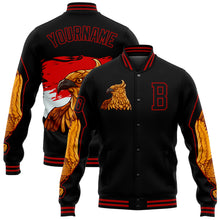 Laden Sie das Bild in den Galerie-Viewer, Custom Black Red Bangkok Rooster 3D Pattern Design Bomber Full-Snap Varsity Letterman Jacket