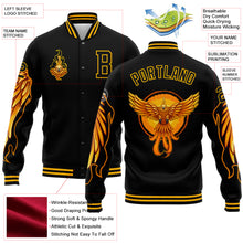 Laden Sie das Bild in den Galerie-Viewer, Custom Black Gold Fire Phoenix 3D Pattern Design Bomber Full-Snap Varsity Letterman Jacket
