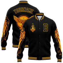 Laden Sie das Bild in den Galerie-Viewer, Custom Black Gold Fire Phoenix 3D Pattern Design Bomber Full-Snap Varsity Letterman Jacket
