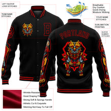 Load image into Gallery viewer, Custom Black Red Dog 3D Pattern Design Bomber Full-Snap Varsity Letterman Jacket
