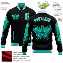 Load image into Gallery viewer, Custom Black Aqua-White Butterfly 3D Pattern Design Bomber Full-Snap Varsity Letterman Jacket