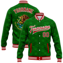 Charger l'image dans la galerie, Custom Kelly Green Red-White Mexico 3D Bomber Full-Snap Varsity Letterman Jacket