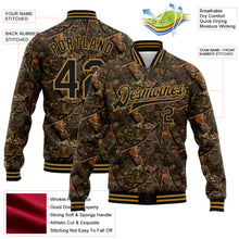 Загрузить изображение в средство просмотра галереи, Custom Camo Black-Old Gold Realistic Forest Camouflage 3D Bomber Full-Snap Varsity Letterman Salute To Service Jacket
