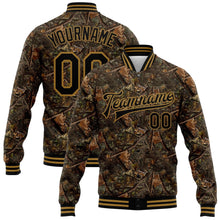 Загрузить изображение в средство просмотра галереи, Custom Camo Black-Old Gold Realistic Forest Camouflage 3D Bomber Full-Snap Varsity Letterman Salute To Service Jacket