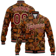 Загрузить изображение в средство просмотра галереи, Custom Camo Crimson City Cream-Black Realistic Forest Camouflage 3D Bomber Full-Snap Varsity Letterman Salute To Service Jacket