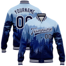Load image into Gallery viewer, Custom Royal Navy-White Pine Forest With Fog 3D Pattern Design Bomber Full-Snap Varsity Letterman Jacket
