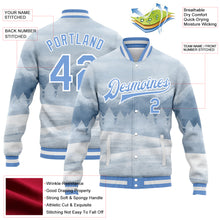 Загрузить изображение в средство просмотра галереи, Custom White Light Blue Watercolor Winter Landscape With Snowy Trees 3D Pattern Design Bomber Full-Snap Varsity Letterman Jacket