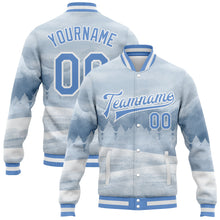 Загрузить изображение в средство просмотра галереи, Custom White Light Blue Watercolor Winter Landscape With Snowy Trees 3D Pattern Design Bomber Full-Snap Varsity Letterman Jacket