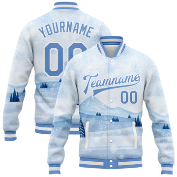 Custom White Light Blue Watercolor Winter Snow Landscape 3D Pattern Design Bomber Full-Snap Varsity Letterman Jacket