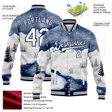 Laden Sie das Bild in den Galerie-Viewer, Custom White Navy Watercolor Winter Snow Landscape 3D Pattern Design Bomber Full-Snap Varsity Letterman Jacket