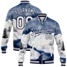 Laden Sie das Bild in den Galerie-Viewer, Custom White Navy Watercolor Winter Snow Landscape 3D Pattern Design Bomber Full-Snap Varsity Letterman Jacket
