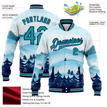 Load image into Gallery viewer, Custom White Teal-Navy Watercolor Forest Winter Snow Landscape 3D Pattern Design Bomber Full-Snap Varsity Letterman Jacket