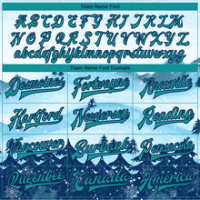 Load image into Gallery viewer, Custom White Teal-Navy Watercolor Forest Winter Snow Landscape 3D Pattern Design Bomber Full-Snap Varsity Letterman Jacket