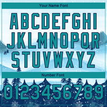 Load image into Gallery viewer, Custom White Teal-Navy Watercolor Forest Winter Snow Landscape 3D Pattern Design Bomber Full-Snap Varsity Letterman Jacket