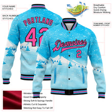 Загрузить изображение в средство просмотра галереи, Custom Sky Blue Pink-Black Watercolor Winter Landscape With Snowy Trees 3D Pattern Design Bomber Full-Snap Varsity Letterman Jacket