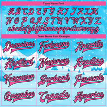 Загрузить изображение в средство просмотра галереи, Custom Sky Blue Pink-Black Watercolor Winter Landscape With Snowy Trees 3D Pattern Design Bomber Full-Snap Varsity Letterman Jacket