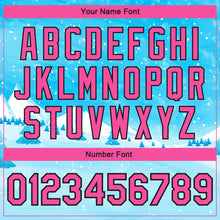 Загрузить изображение в средство просмотра галереи, Custom Sky Blue Pink-Black Watercolor Winter Landscape With Snowy Trees 3D Pattern Design Bomber Full-Snap Varsity Letterman Jacket