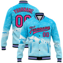 Загрузить изображение в средство просмотра галереи, Custom Sky Blue Pink-Black Watercolor Winter Landscape With Snowy Trees 3D Pattern Design Bomber Full-Snap Varsity Letterman Jacket