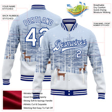 Laden Sie das Bild in den Galerie-Viewer, Custom White Royal Reindeers In A Snowy Forest 3D Pattern Design Bomber Full-Snap Varsity Letterman Jacket