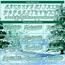 Загрузить изображение в средство просмотра галереи, Custom Aqua White-Kelly Green Watercolor Winter Landscape With Snowy Trees 3D Pattern Design Bomber Full-Snap Varsity Letterman Jacket