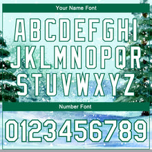 Загрузить изображение в средство просмотра галереи, Custom Aqua White-Kelly Green Watercolor Winter Landscape With Snowy Trees 3D Pattern Design Bomber Full-Snap Varsity Letterman Jacket