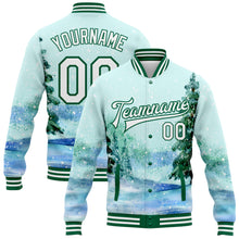 Загрузить изображение в средство просмотра галереи, Custom Aqua White-Kelly Green Watercolor Winter Landscape With Snowy Trees 3D Pattern Design Bomber Full-Snap Varsity Letterman Jacket