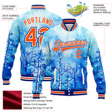 Load image into Gallery viewer, Custom Royal Orange-White Lovely Winter Landscape With Snowy Trees 3D Pattern Design Bomber Full-Snap Varsity Letterman Jacket