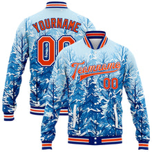 Load image into Gallery viewer, Custom Royal Orange-White Lovely Winter Landscape With Snowy Trees 3D Pattern Design Bomber Full-Snap Varsity Letterman Jacket