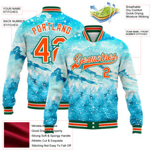 Laden Sie das Bild in den Galerie-Viewer, Custom Lakes Blue Orange-Kelly Green Watercolor Winter Snowy Landscape 3D Pattern Design Bomber Full-Snap Varsity Letterman Jacket