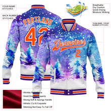 Загрузить изображение в средство просмотра галереи, Custom Purple Orange-White Watercolor Winter Landscape With Snowy Trees 3D Pattern Design Bomber Full-Snap Varsity Letterman Jacket