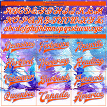 Загрузить изображение в средство просмотра галереи, Custom Purple Orange-White Watercolor Winter Landscape With Snowy Trees 3D Pattern Design Bomber Full-Snap Varsity Letterman Jacket