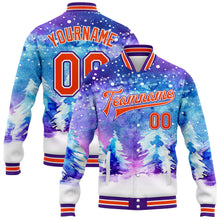 Загрузить изображение в средство просмотра галереи, Custom Purple Orange-White Watercolor Winter Landscape With Snowy Trees 3D Pattern Design Bomber Full-Snap Varsity Letterman Jacket