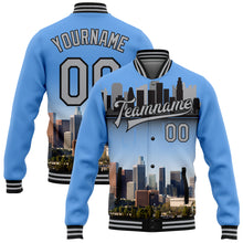 Load image into Gallery viewer, Custom Electric Blue Gray-Black Los Angeles California City Edition 3D Bomber Full-Snap Varsity Letterman Jacket
