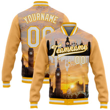 Загрузить изображение в средство просмотра галереи, Custom Gold White Big Ben And Westminster Bridge London UK City Edition 3D Bomber Full-Snap Varsity Letterman Jacket