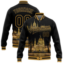 Загрузить изображение в средство просмотра галереи, Custom Black Old Gold Parliament Building Budapest Hungary City Edition 3D Bomber Full-Snap Varsity Letterman Jacket