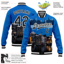 Загрузить изображение в средство просмотра галереи, Custom Blue Black-White Amsterdam Netherlands City Edition 3D Bomber Full-Snap Varsity Letterman Jacket