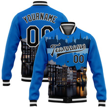 Загрузить изображение в средство просмотра галереи, Custom Blue Black-White Amsterdam Netherlands City Edition 3D Bomber Full-Snap Varsity Letterman Jacket