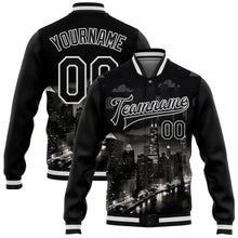 Load image into Gallery viewer, Custom Black White Chicago Illinois City Edition 3D Bomber Full-Snap Varsity Letterman Jacket
