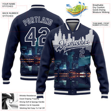 Загрузить изображение в средство просмотра галереи, Custom Navy White Detroit Michigan City Edition 3D Bomber Full-Snap Varsity Letterman Jacket