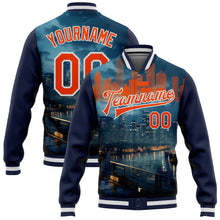 Загрузить изображение в средство просмотра галереи, Custom Navy Orange-White Houston Texas City Edition 3D Bomber Full-Snap Varsity Letterman Jacket