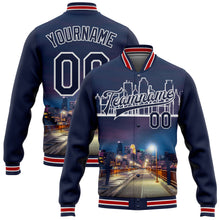 Загрузить изображение в средство просмотра галереи, Custom Navy White Minneapolis Minnesota City Edition 3D Bomber Full-Snap Varsity Letterman Jacket