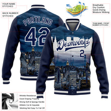 Загрузить изображение в средство просмотра галереи, Custom Navy White New York City Edition 3D Bomber Full-Snap Varsity Letterman Jacket