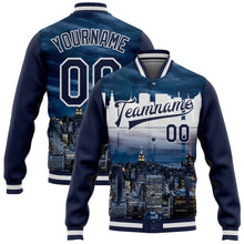 Загрузить изображение в средство просмотра галереи, Custom Navy White New York City Edition 3D Bomber Full-Snap Varsity Letterman Jacket