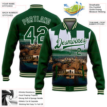 Load image into Gallery viewer, Custom Green White Lake Merritt Oakland California City Edition 3D Bomber Full-Snap Varsity Letterman Jacket