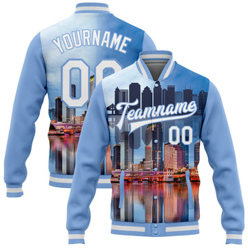 Custom Light Blue White Tampa Florida City Edition 3D Bomber Full-Snap Varsity Letterman Jacket