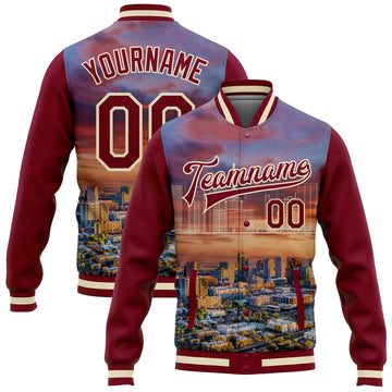 Custom Maroon Cream Phoenix Arizona City Edition 3D Bomber Full-Snap Varsity Letterman Jacket