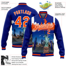 Загрузить изображение в средство просмотра галереи, Custom Royal Orange-White Statue Of Liberty New York City Edition 3D Bomber Full-Snap Varsity Letterman Jacket