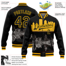 Загрузить изображение в средство просмотра галереи, Custom Black Gold Pittsburgh Pennsylvania City Edition 3D Bomber Full-Snap Varsity Letterman Jacket