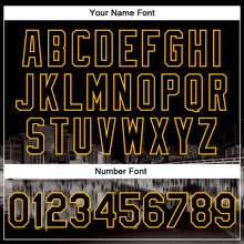 Загрузить изображение в средство просмотра галереи, Custom Black Gold Pittsburgh Pennsylvania City Edition 3D Bomber Full-Snap Varsity Letterman Jacket